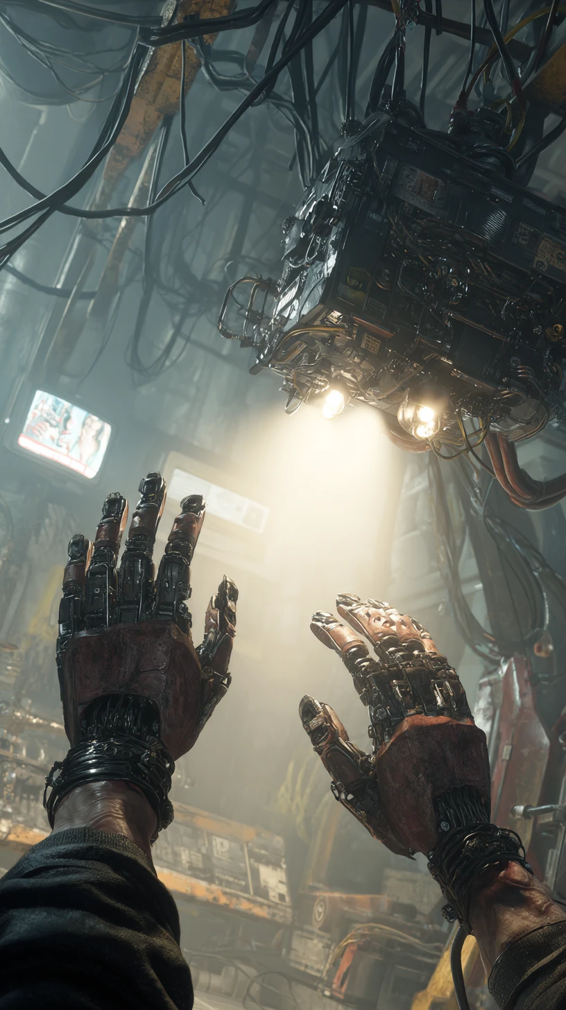Ingeniero cyberpunk que comanda un dron de reparación biomecánico flotante