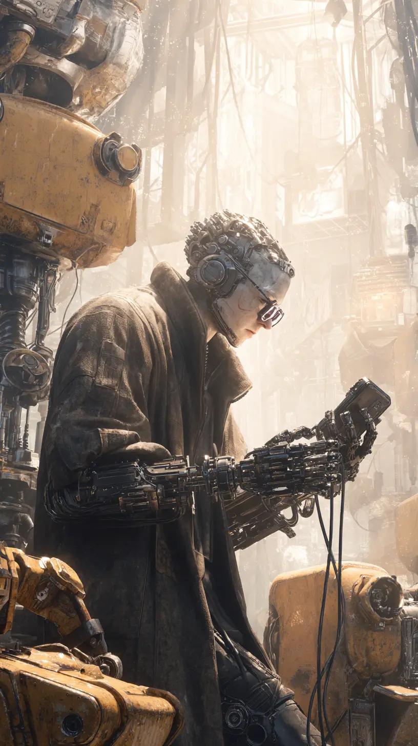 Cyberpunk engineer controlling a floating biomechanical repair drone