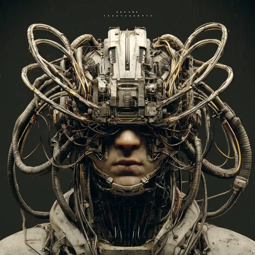 Cybernetic cyborg with cables in gritty sci fi environment