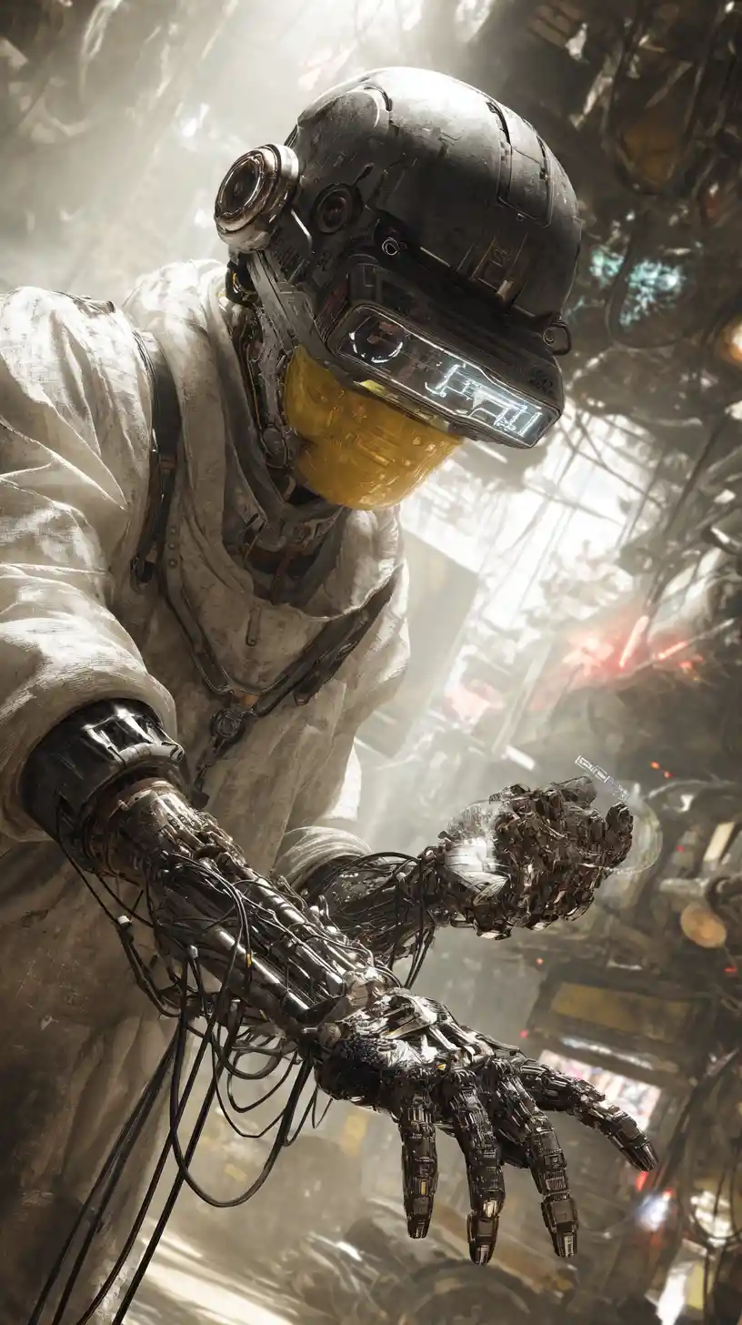 Cyberpunk engineer controlling a floating repair drone