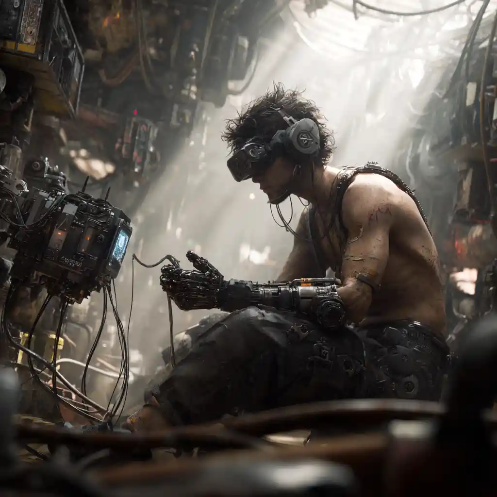 Cyberpunk engineer controlling a floating biomechanical repair drone