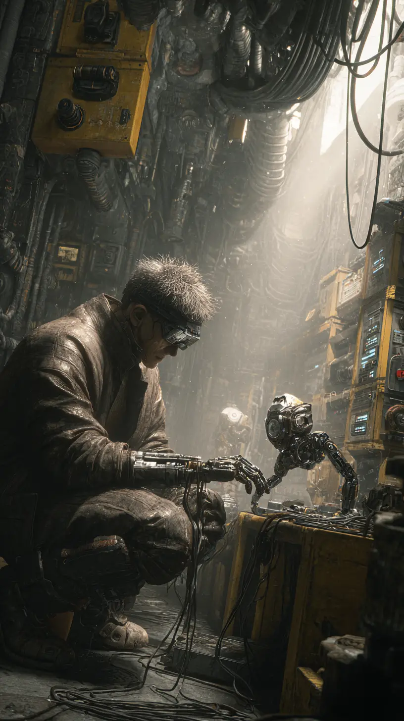 Cyberpunk engineer controlling a floating biomechanical repair drone