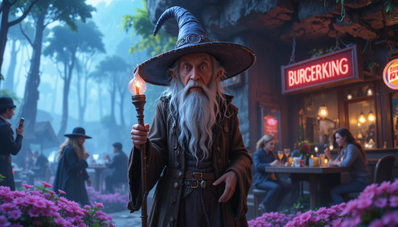 Tall grey bearded wizard with staff in dark cave
