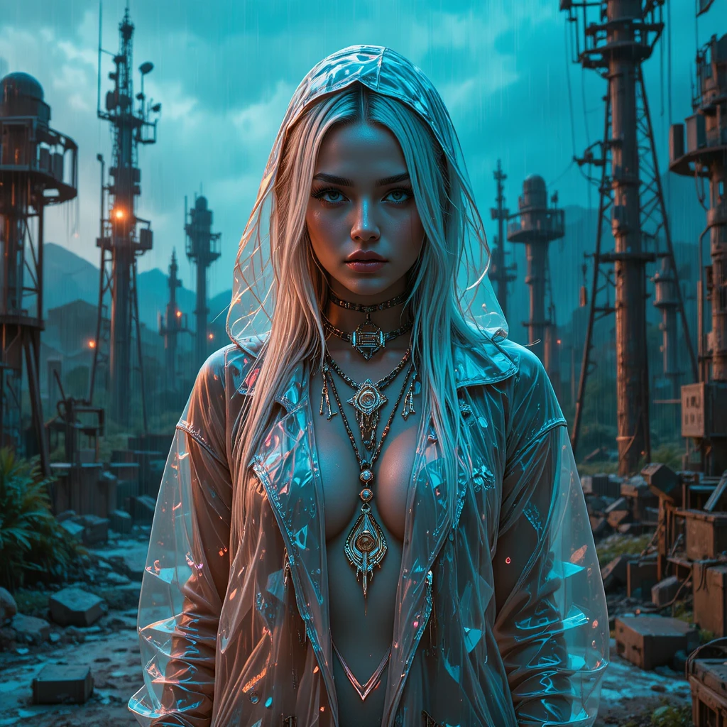 Femme cyber en imperméable néon glitch – portrait