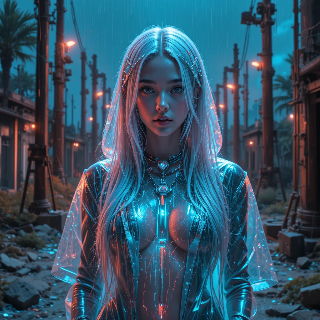 Cyberpunk woman in glitching tropical relay station