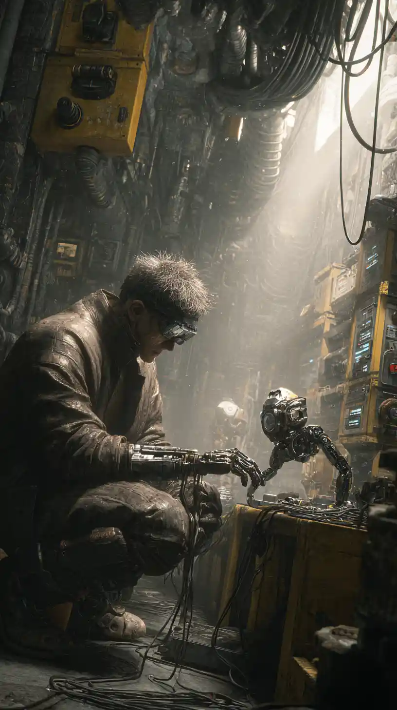 Cyberpunk engineer controlling a floating biomechanical repair drone