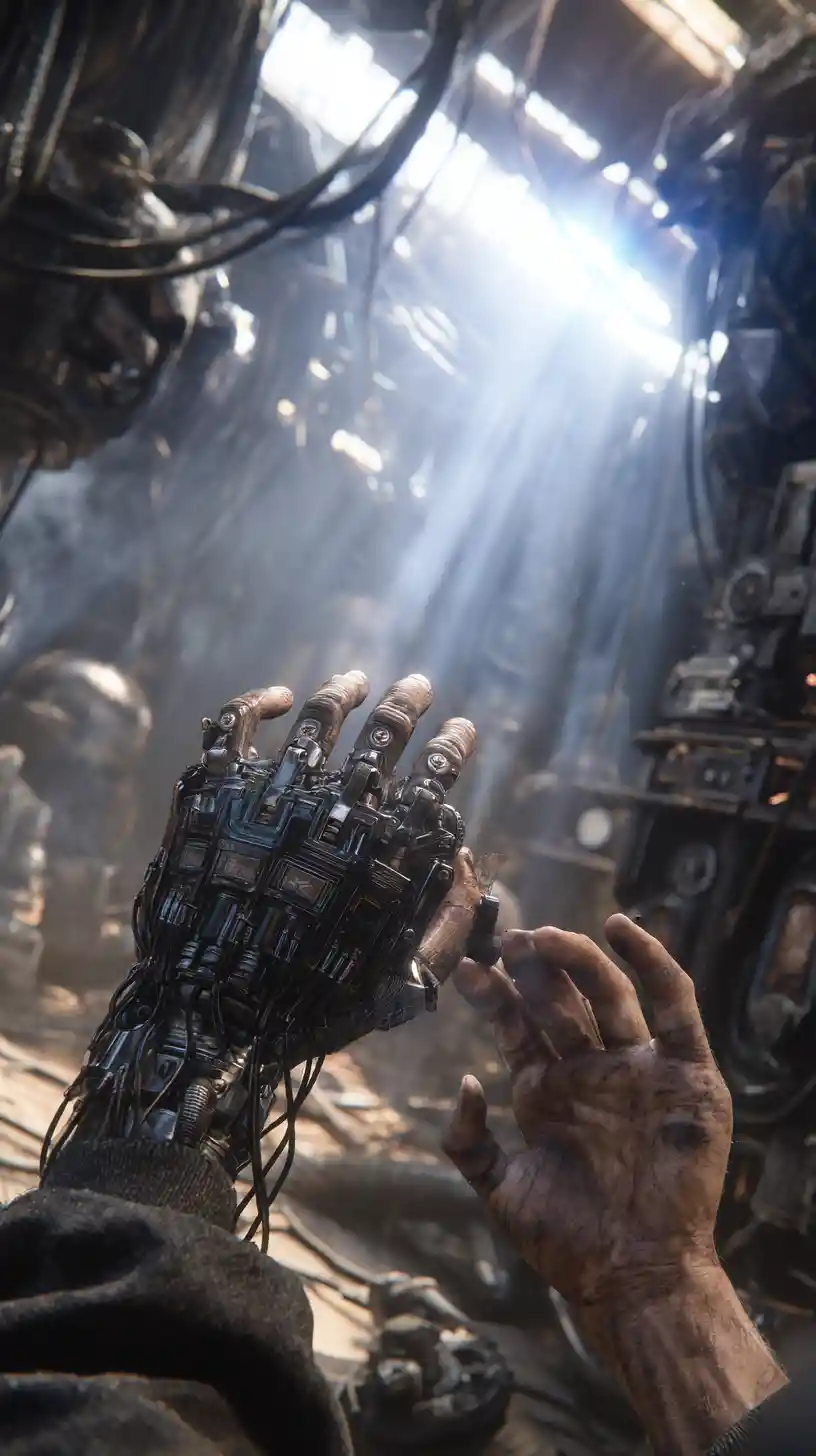 Engenheiro cyberpunk controlando um drone de reparo biomecânico flutuante