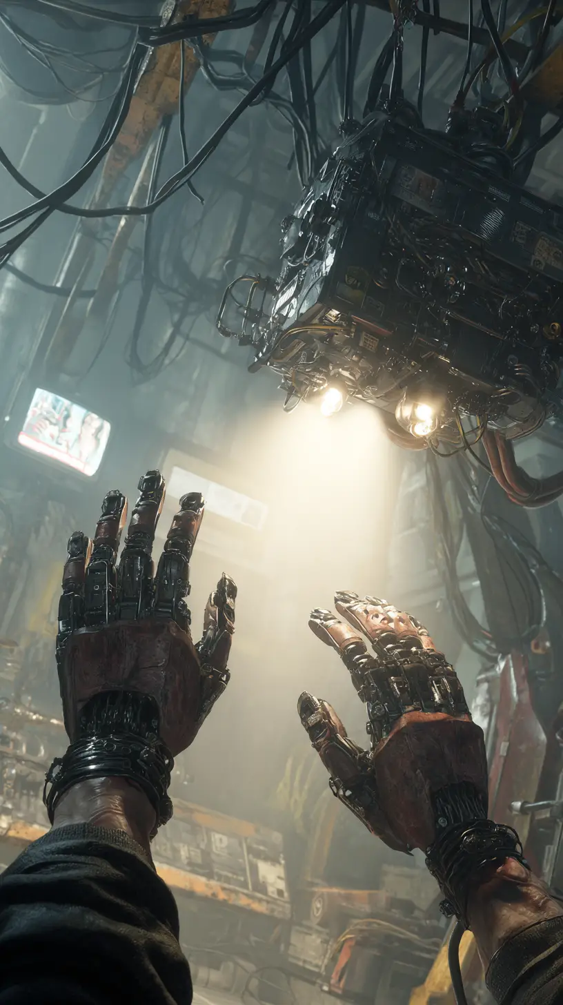 Cyberpunk engineer commanding a floating biomechanical repair drone