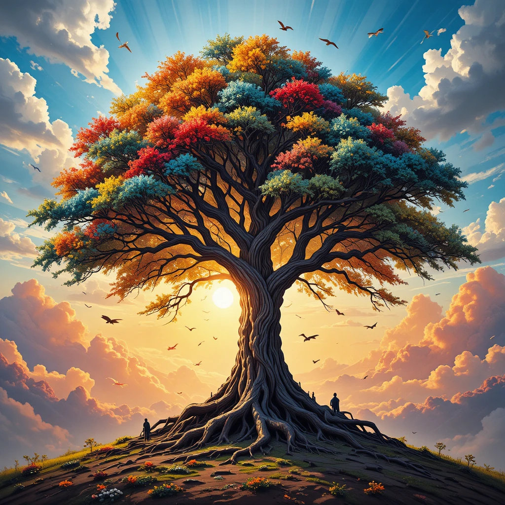 Majestätischer bunter Baum, der sich einem leuchtenden Sonnenaufgangshimmel entgegenstreckt