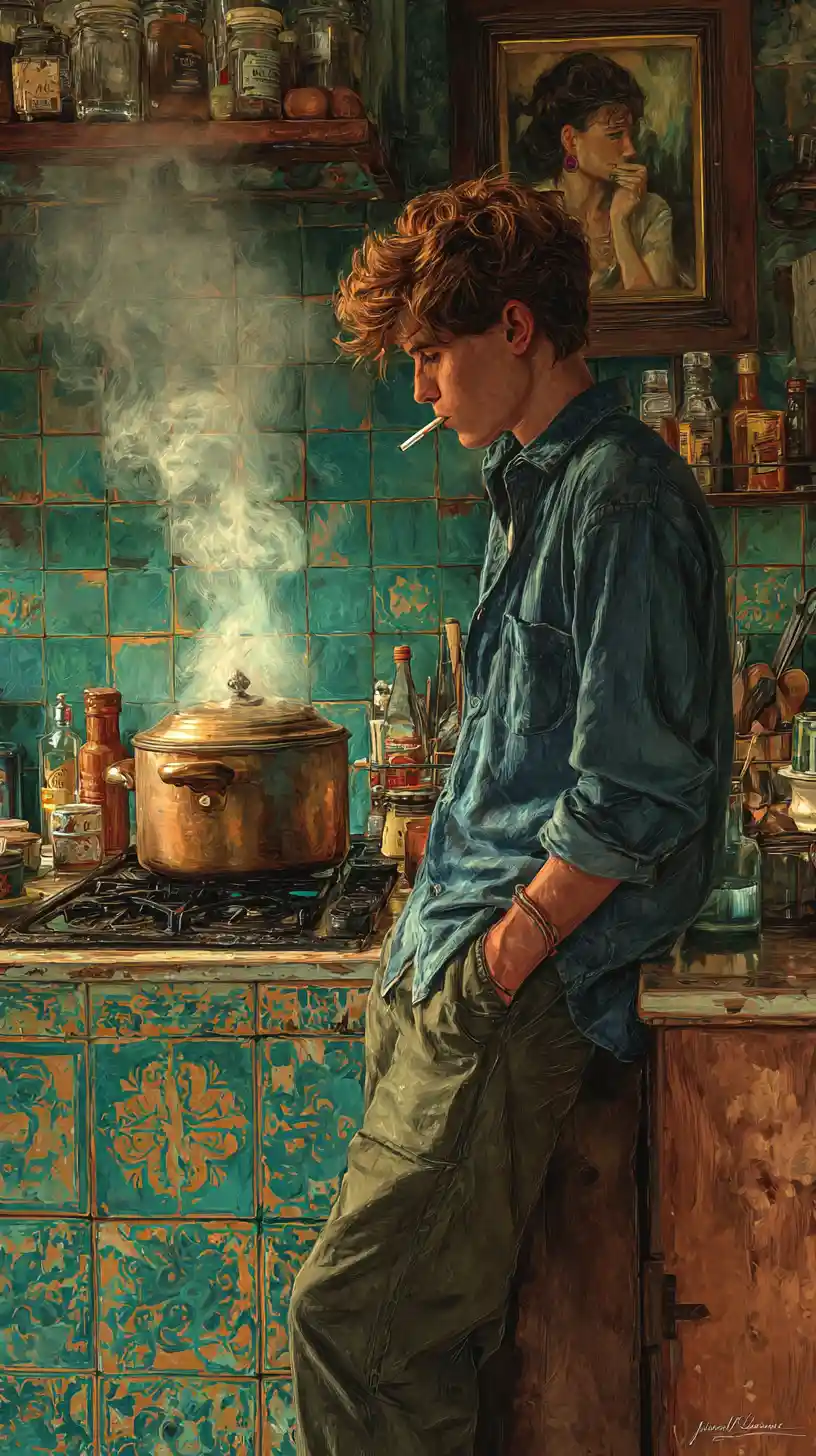 Joven fumando en una cocina rústica bohemia