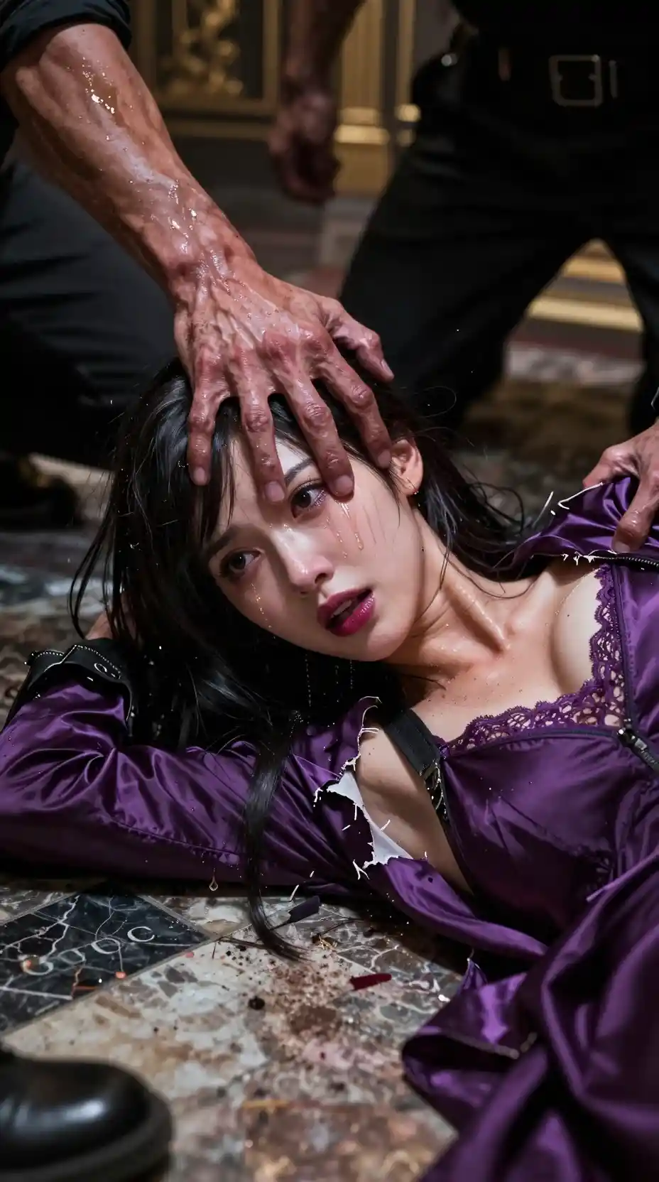 Cinematic close up of distressed woman on marble floor