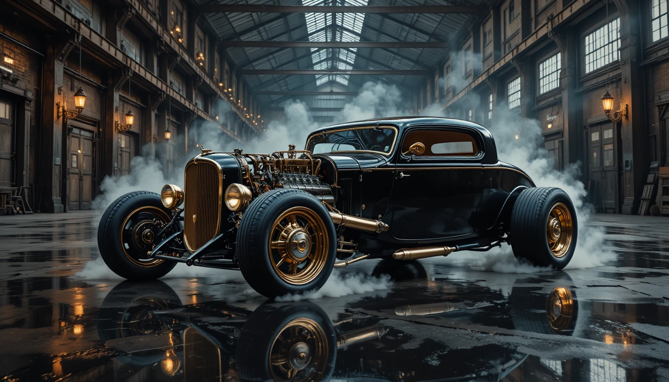 Retro futuristic hot rod in a shadowy industrial warehouse