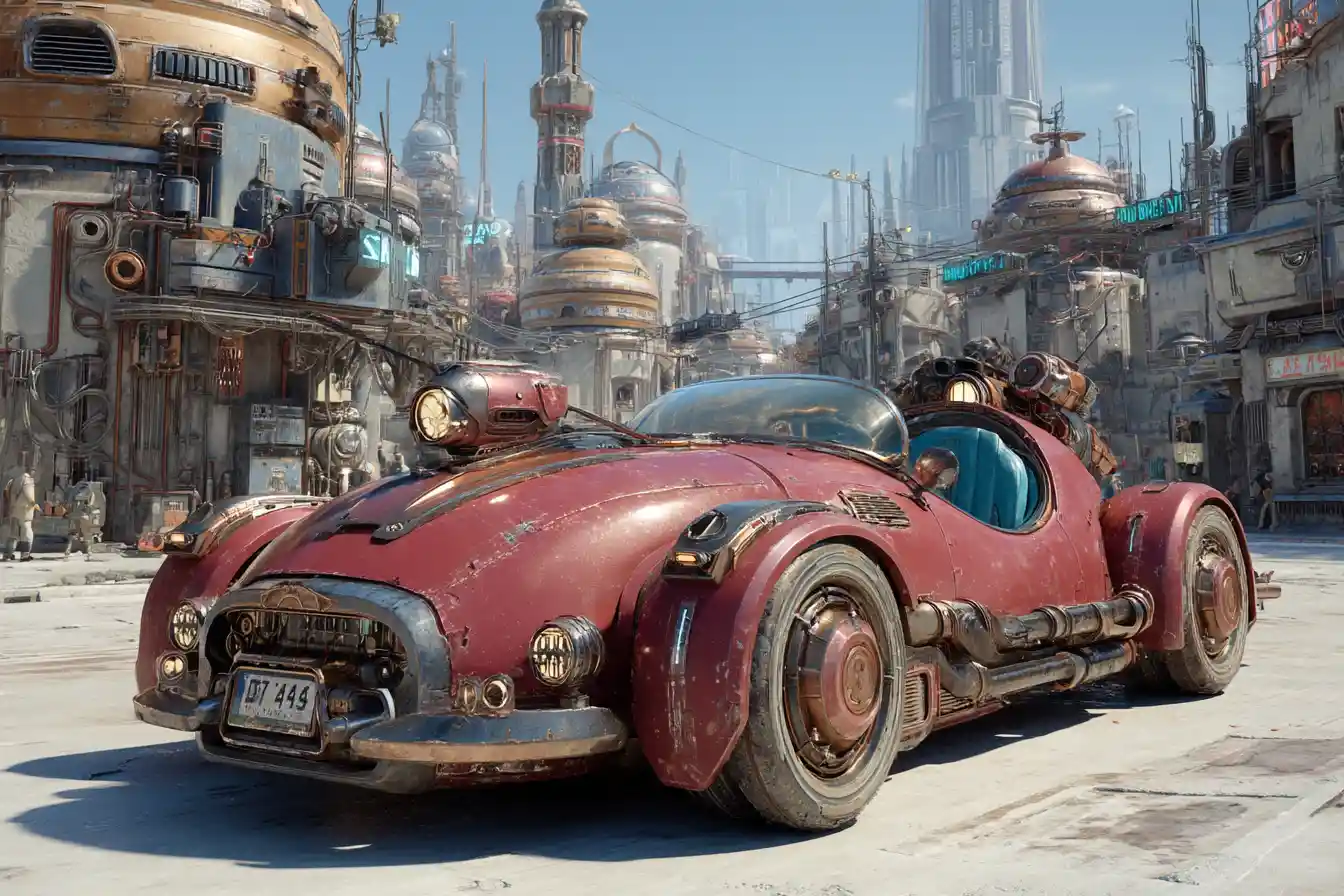 Retrofuturistic steampunk car in a bright sci fi city street