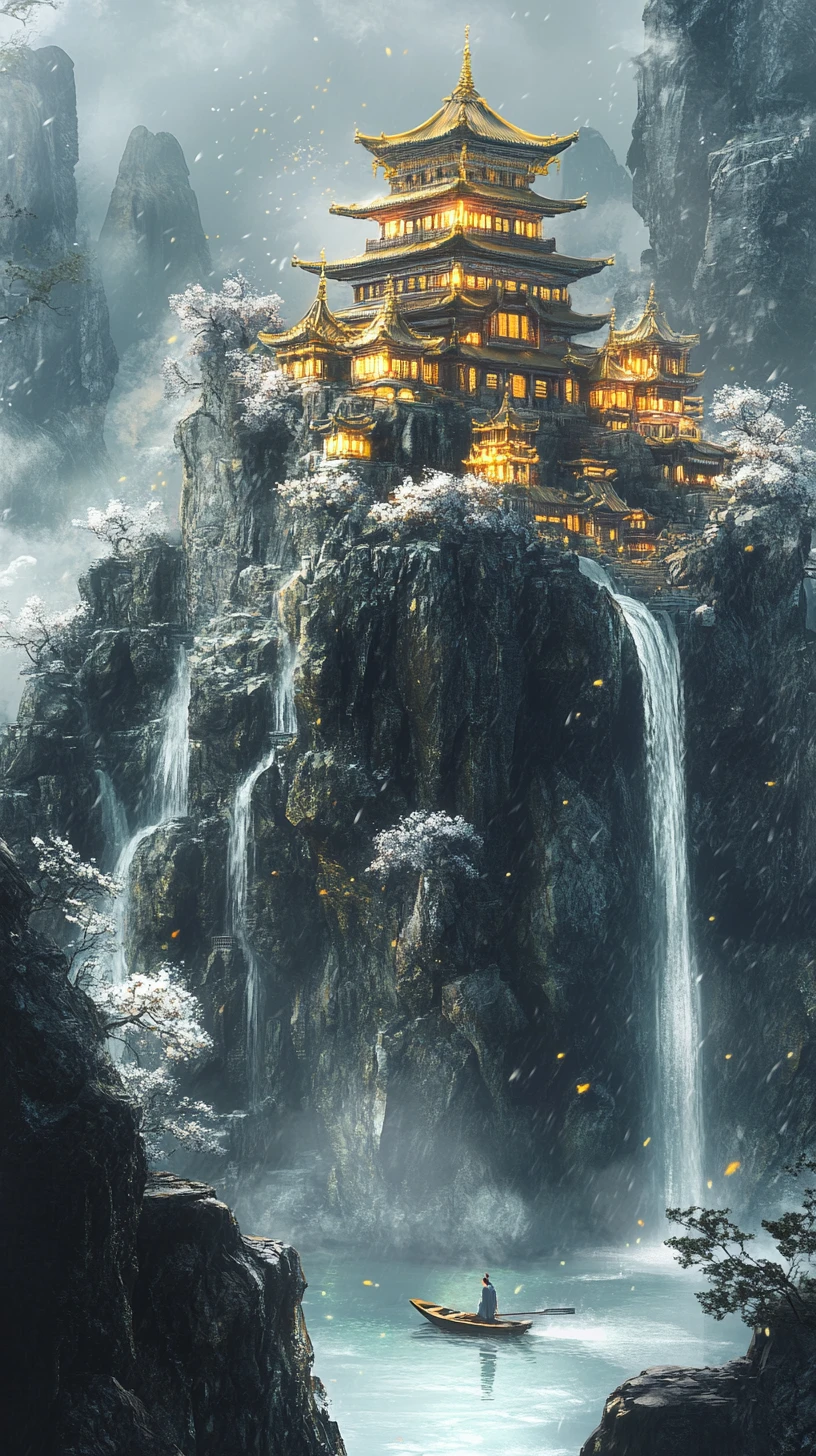 Goldener Tempel an der Klippe über nebeligem Meer mit Wasserfällen