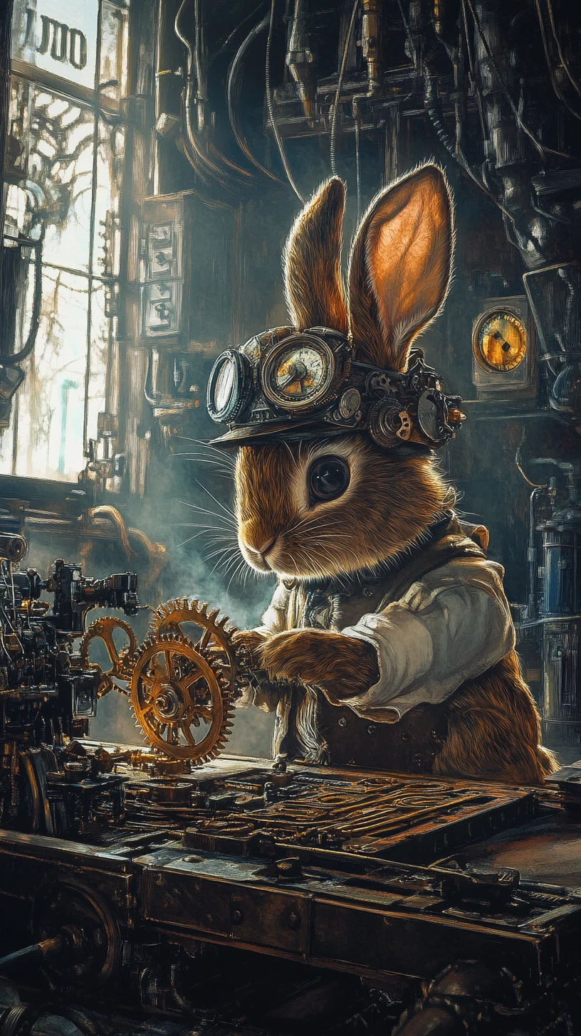 Coniglio steampunk che studia ingranaggi in un laboratorio in penombra