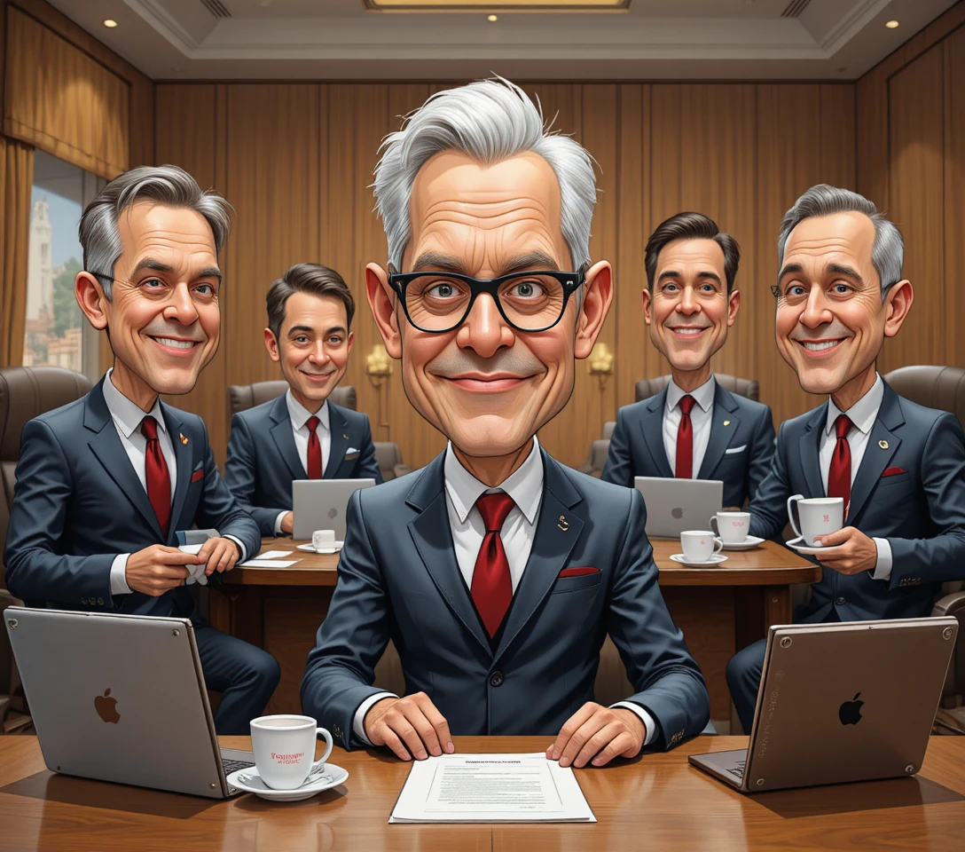 Cartoon businessmen in suits having a meeting in office