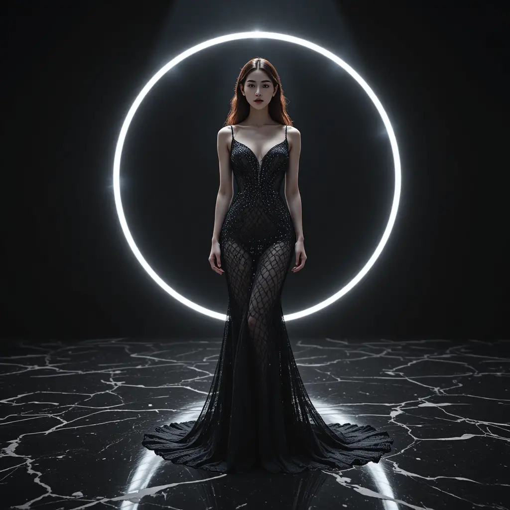 Donna coreana in abito couture rosso su palco di marmo nero