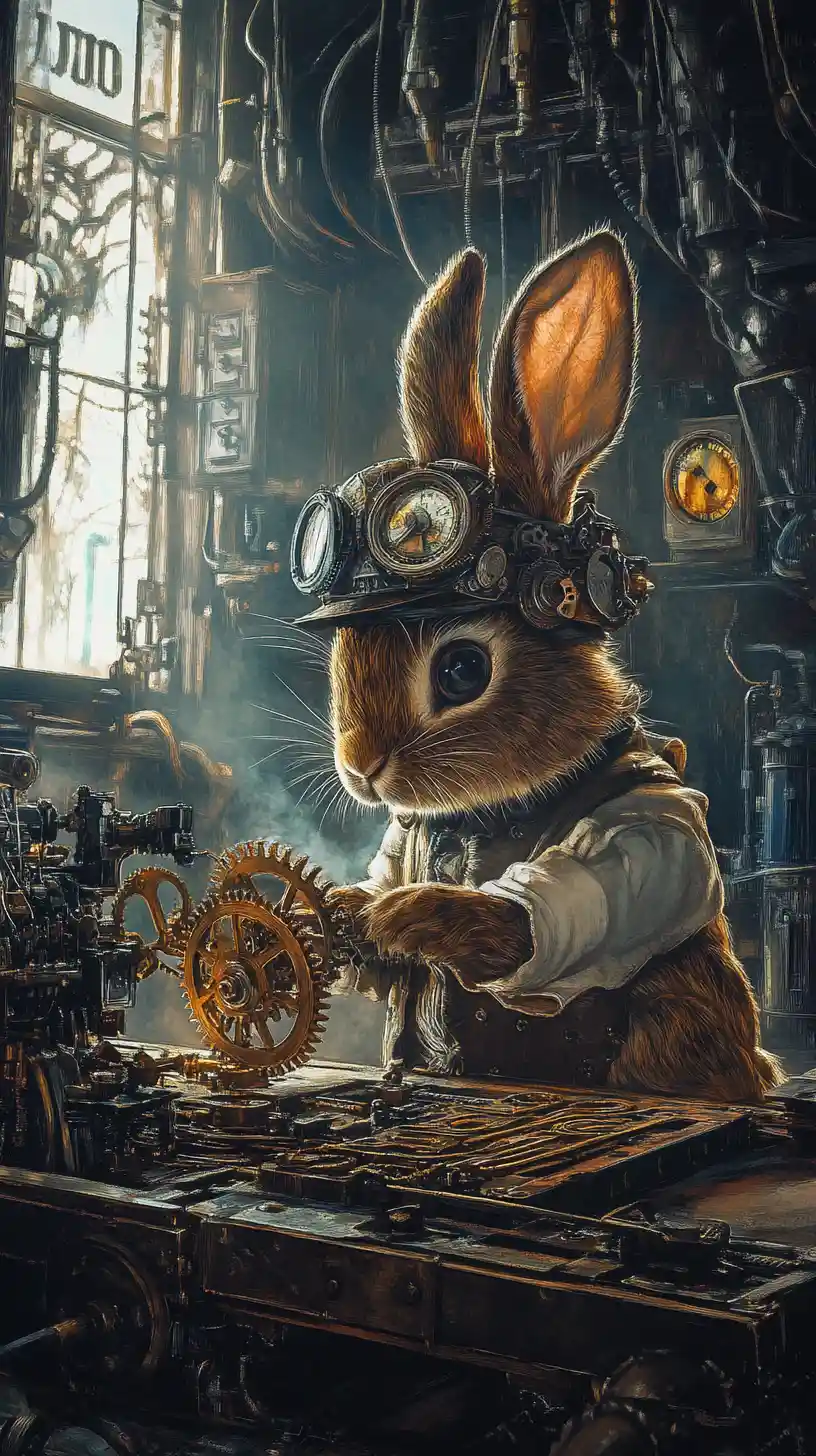 Coniglio steampunk che studia ingranaggi in un laboratorio in penombra