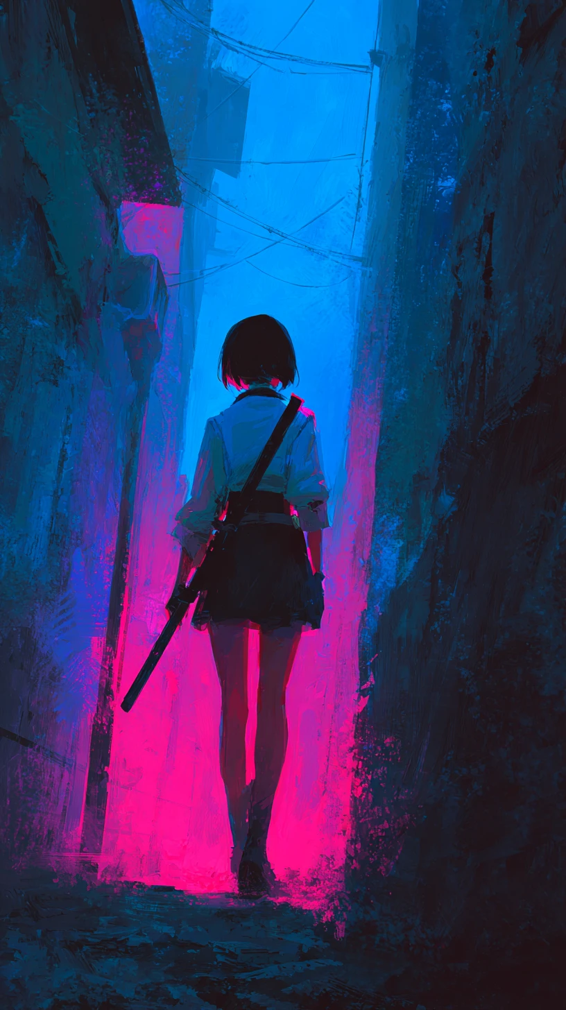 Garota de anime cyberpunk com espada em viela de neon