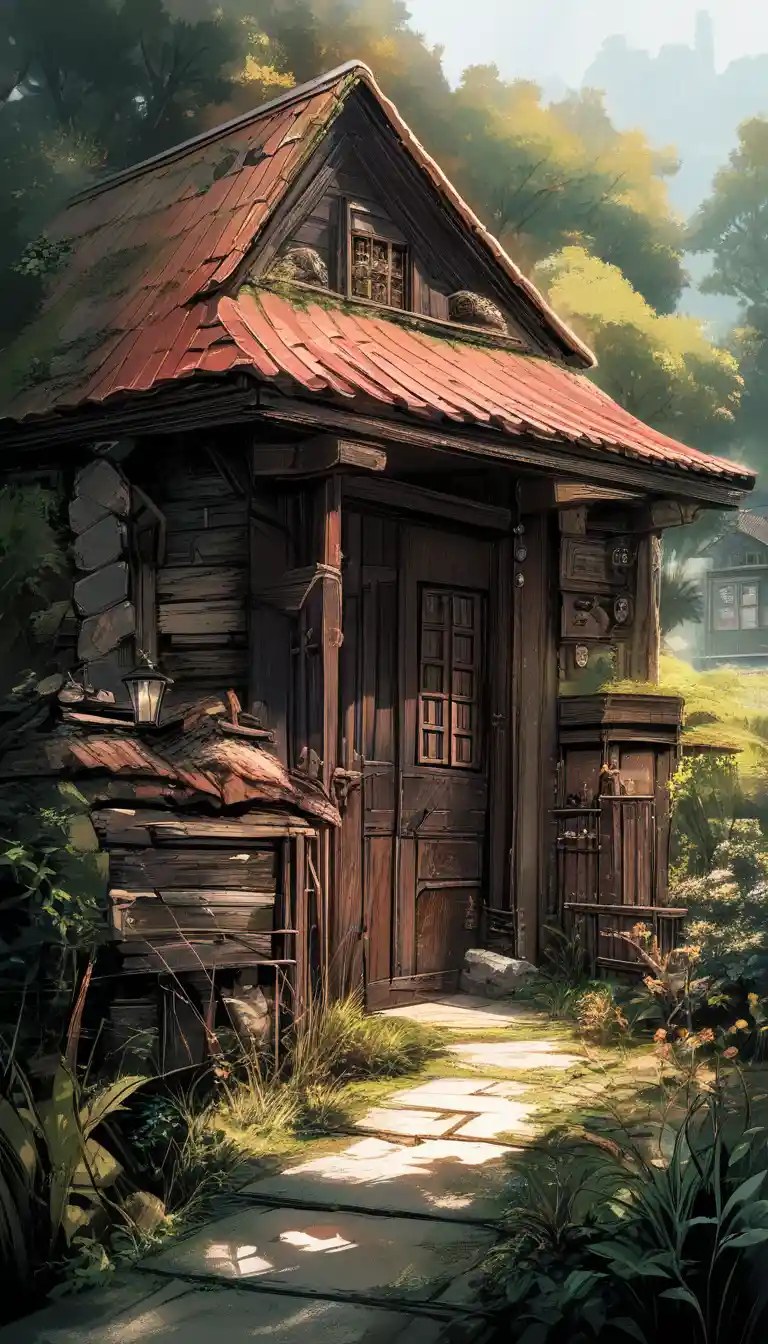 Old stone cottage with gothic door in wild garden