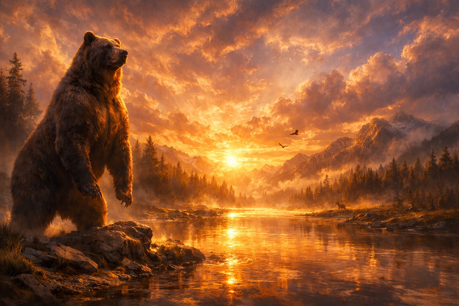 Grizzly cinematografico che svetta su una riva dorata
