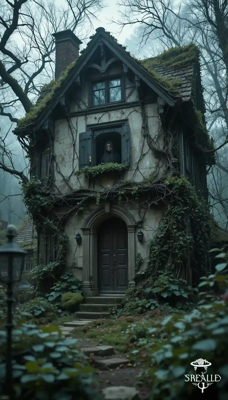 Ancient cottage at the edge of a dark wild garden