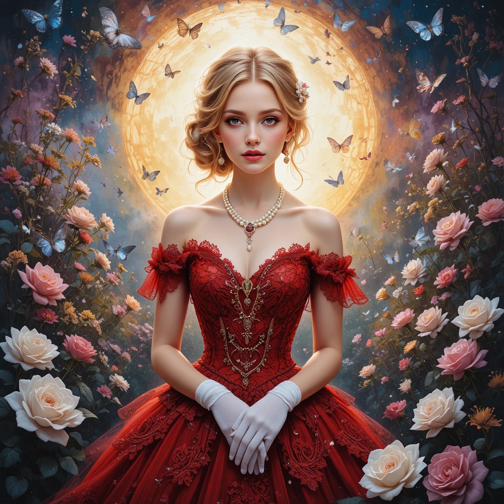 Young noble lady in red lace gown in autumn garden