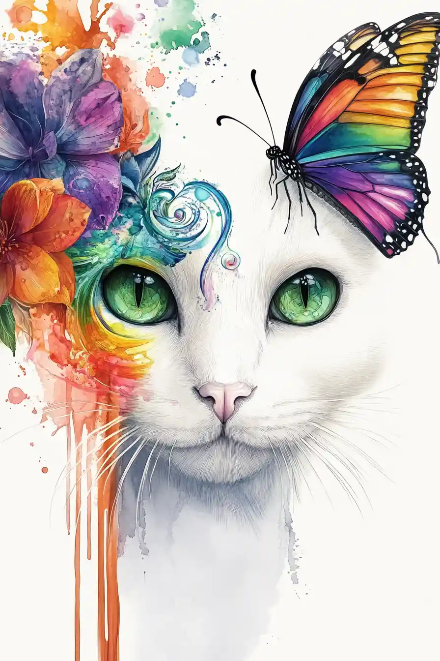 Ritratto di gatto ad acquerello con farfalla arcobaleno e fiore