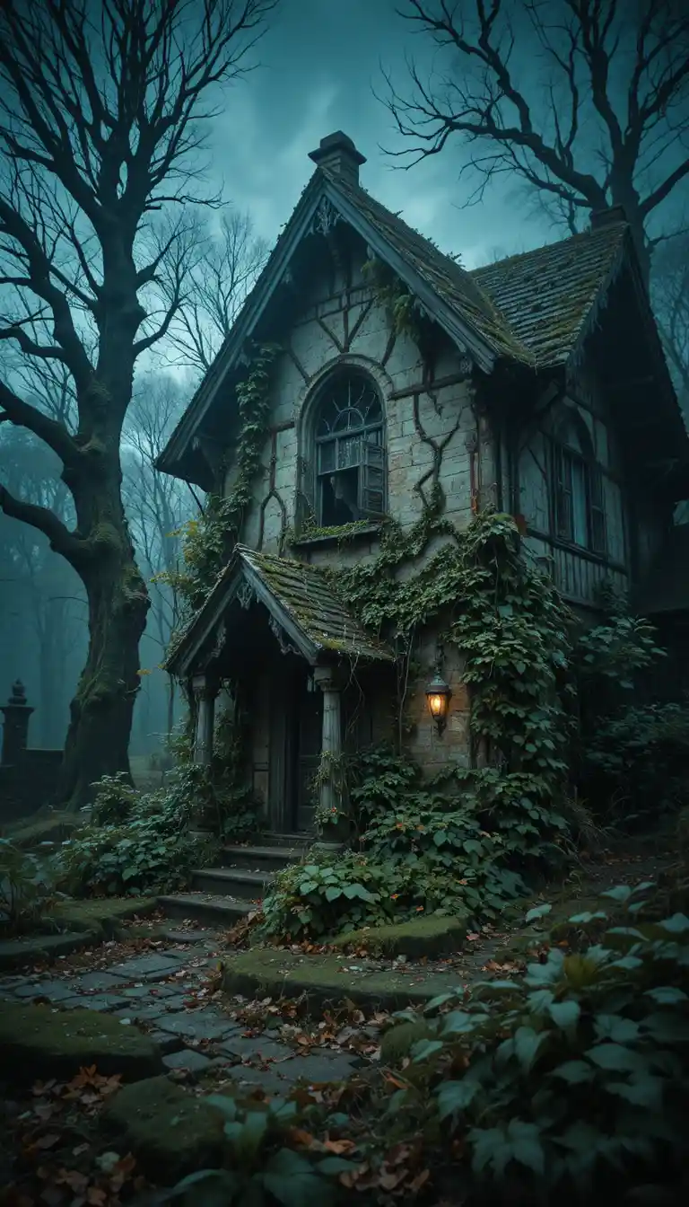 Ancient cottage at the edge of a dark wild garden