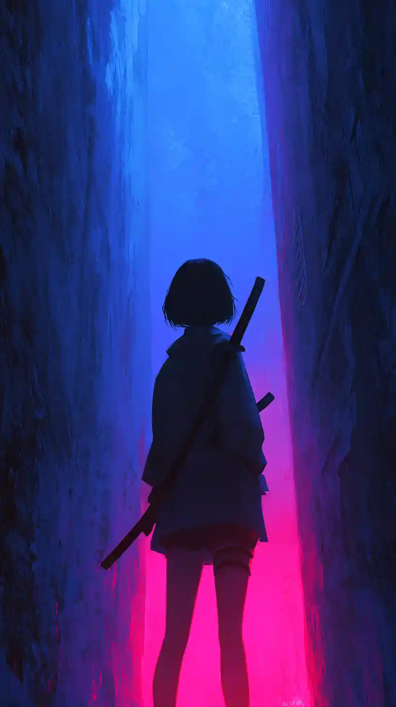 霓虹賽博龐克小巷中的持劍動漫少女