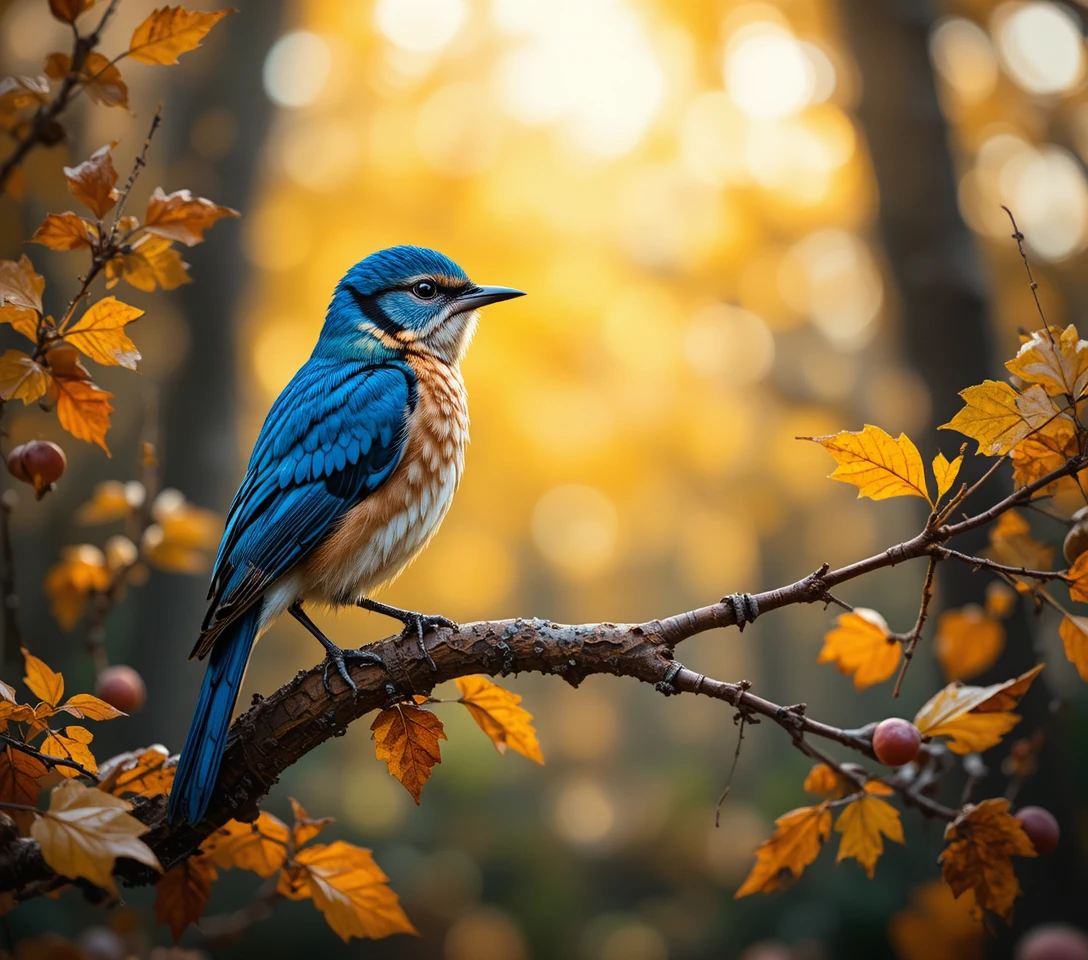Blue jay perched on an autumn branch in warm sunlight
