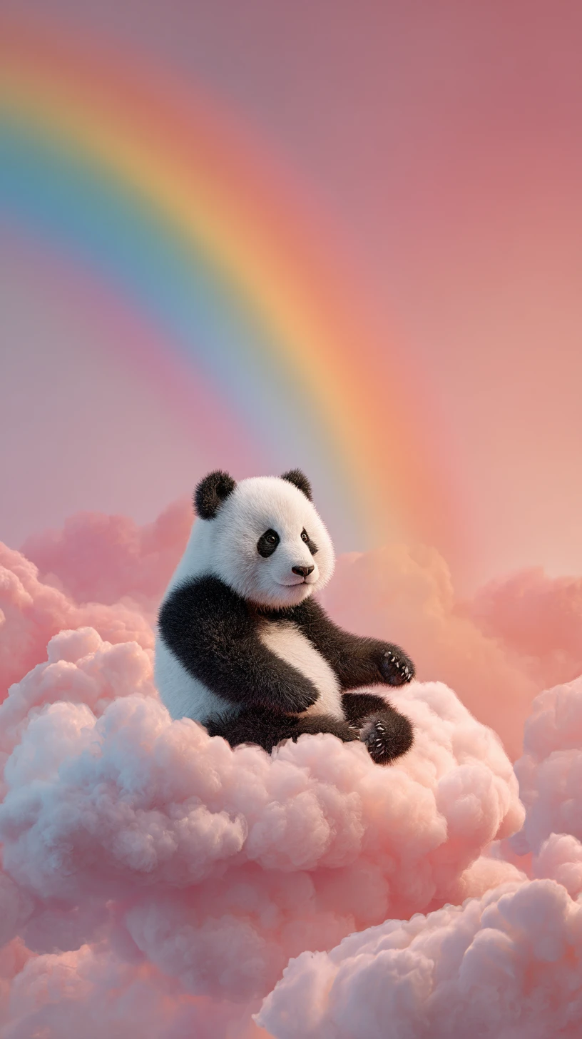 Panda carino seduto su una nuvola sotto un arcobaleno luminoso