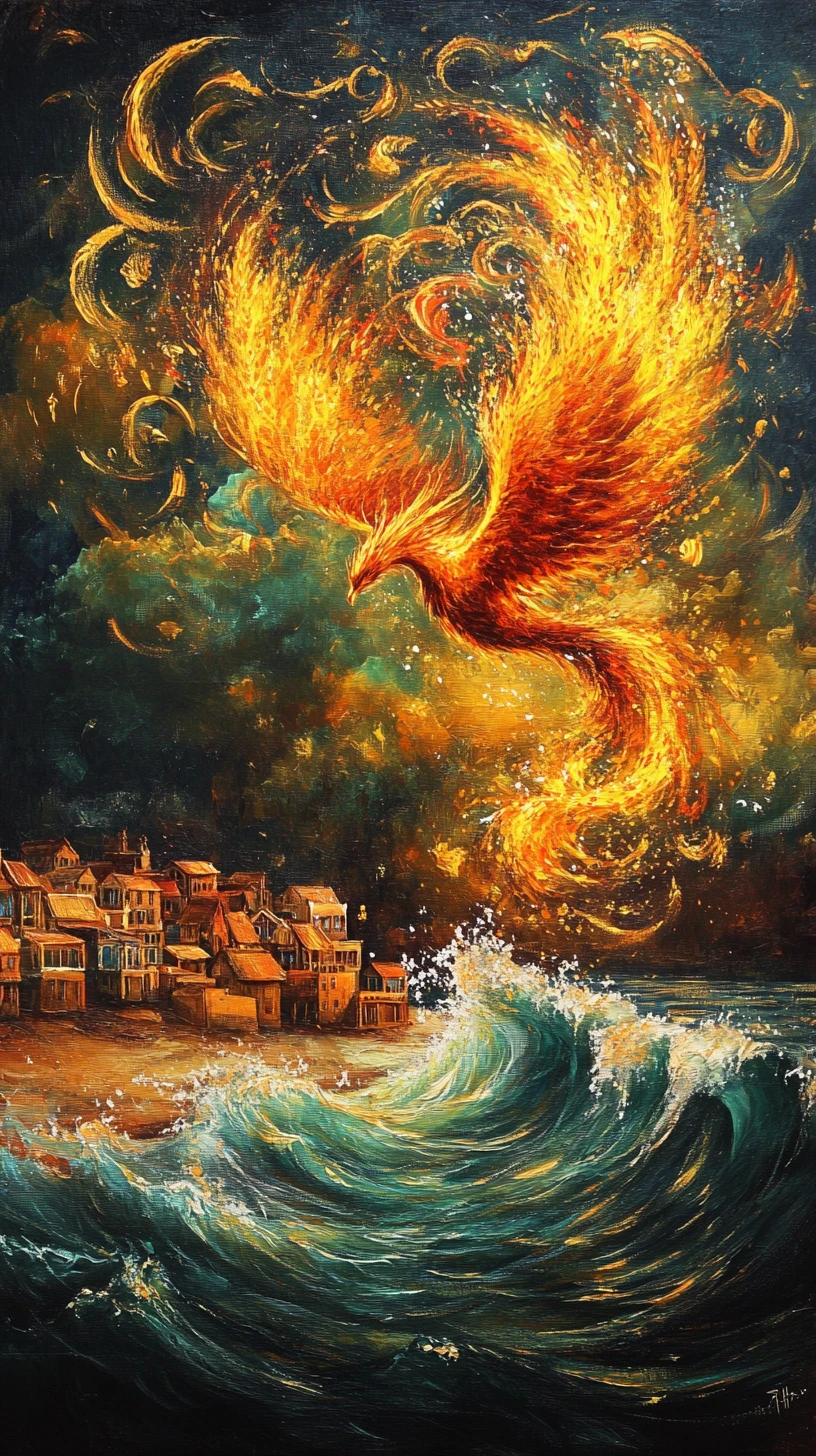 Phénix de Feu Océanique au-dessus d’un Village Côtier