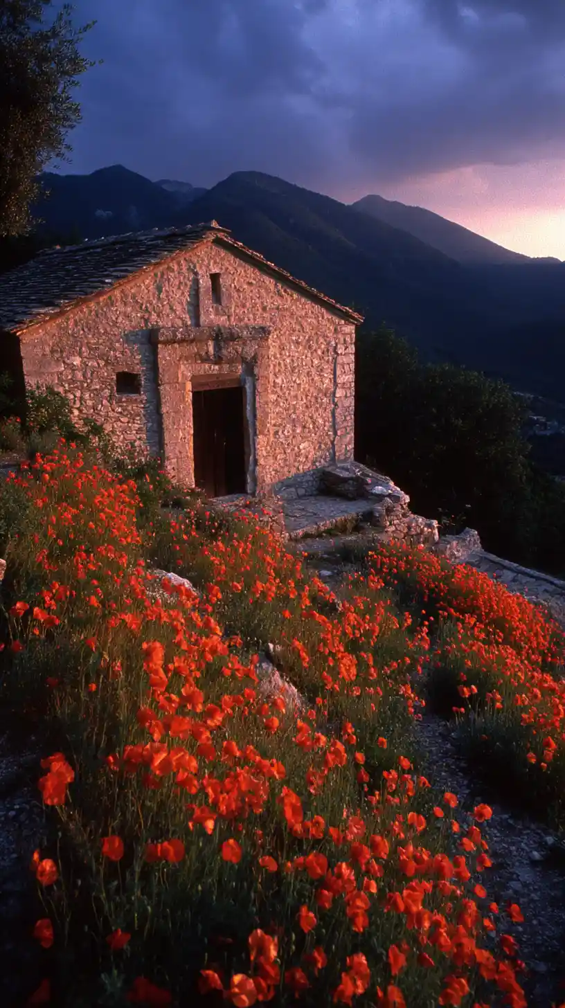 Ancient Hilltop Chapel Above A Crimson Poppy Field At Sunset