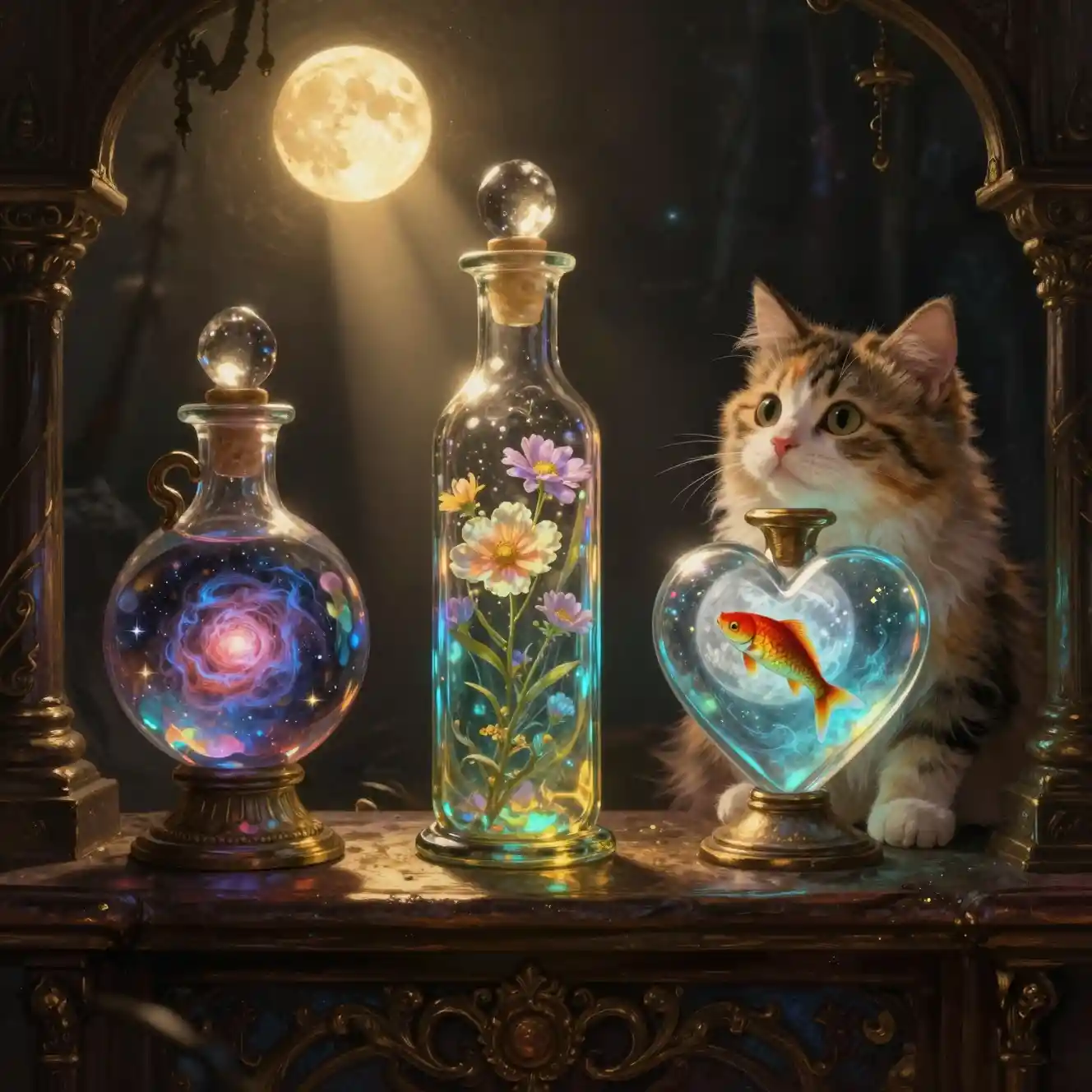 Curious kitten watching three glowing fantasy potion bottles