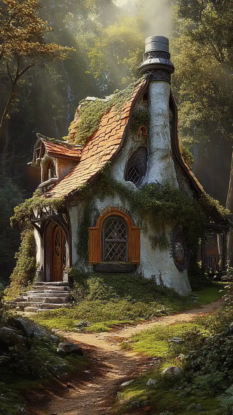 Vecchio cottage muschioso con porta gotica in un giardino selvaggio