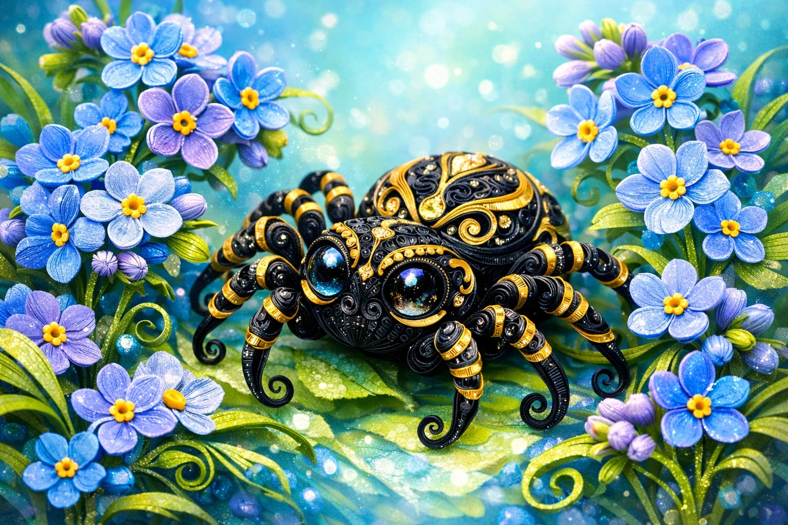 Araignée fantaisiste en paper quilling à côté de myosotis bleus