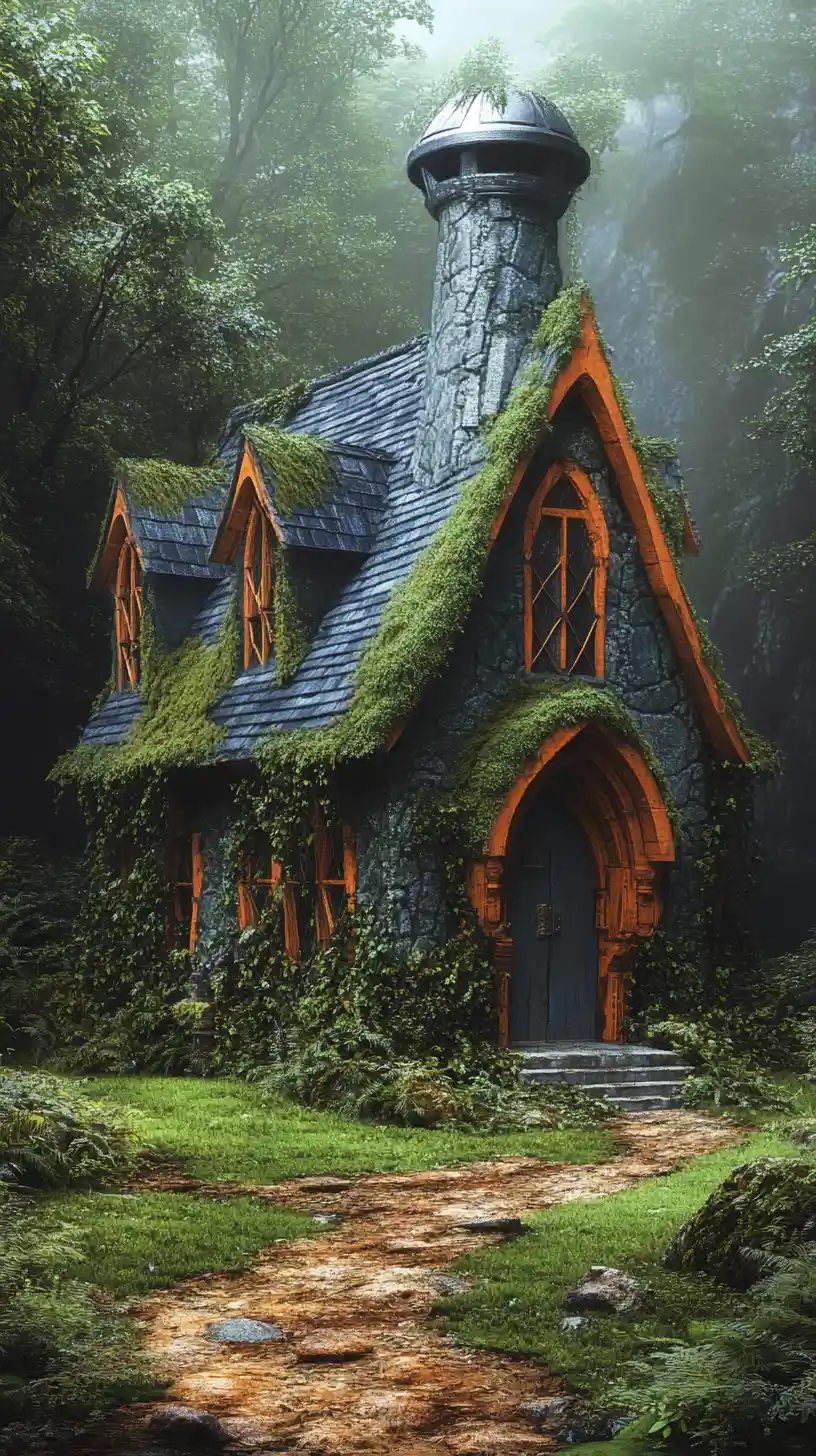 Old stone cottage in a wild overgrown garden