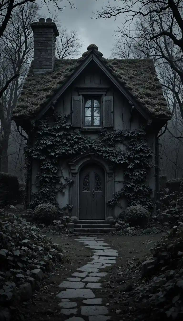 Ancient cottage in a wild garden lit by a single window