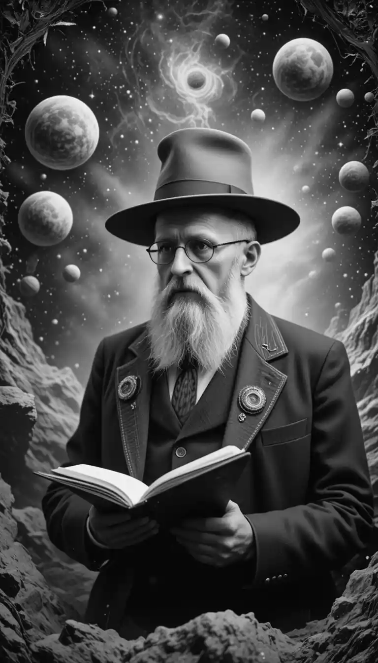 Surreal portrait of an old man in cosmic monochrome
