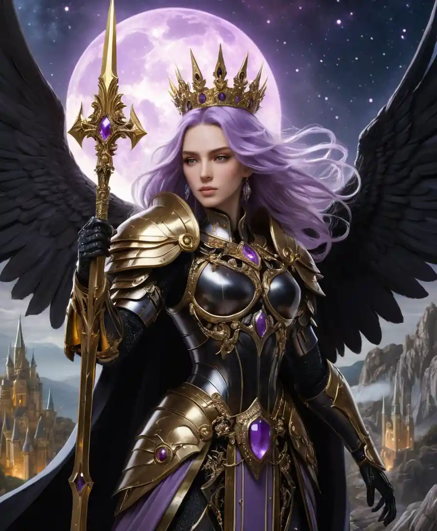 Winged warrior queen with spear before a starry castle