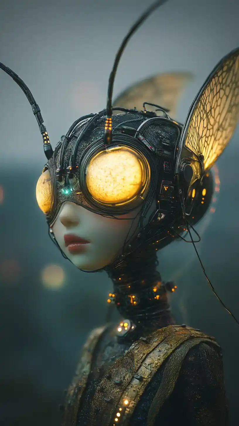 Surrealer Cyborg-Glühwürmchen über einem dystopischen Horizont