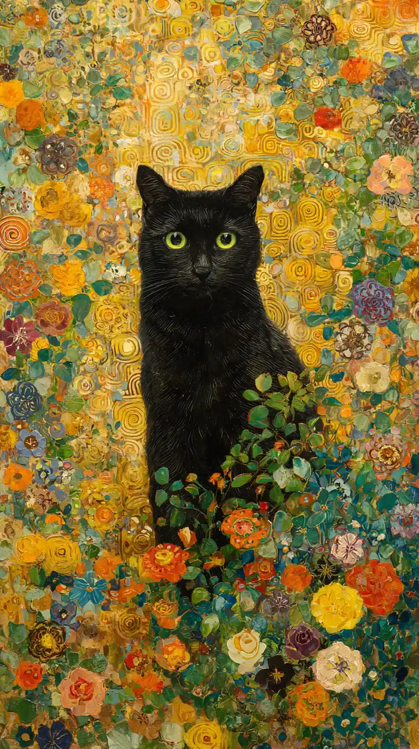 Black cat resting in a colorful floral garden painting