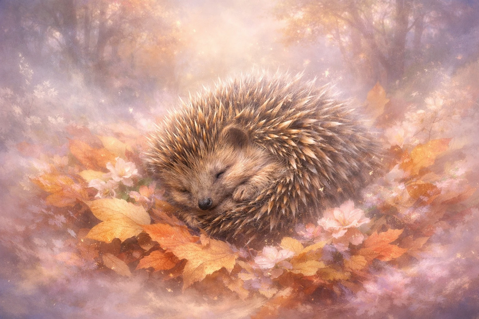 Surrealer Igel, eingerollt in Herbstlaub im weichen Waldnebel