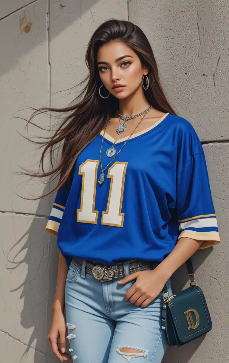 Giovane donna con maglia blu appoggiata a un muro di pietra illuminato dal sole