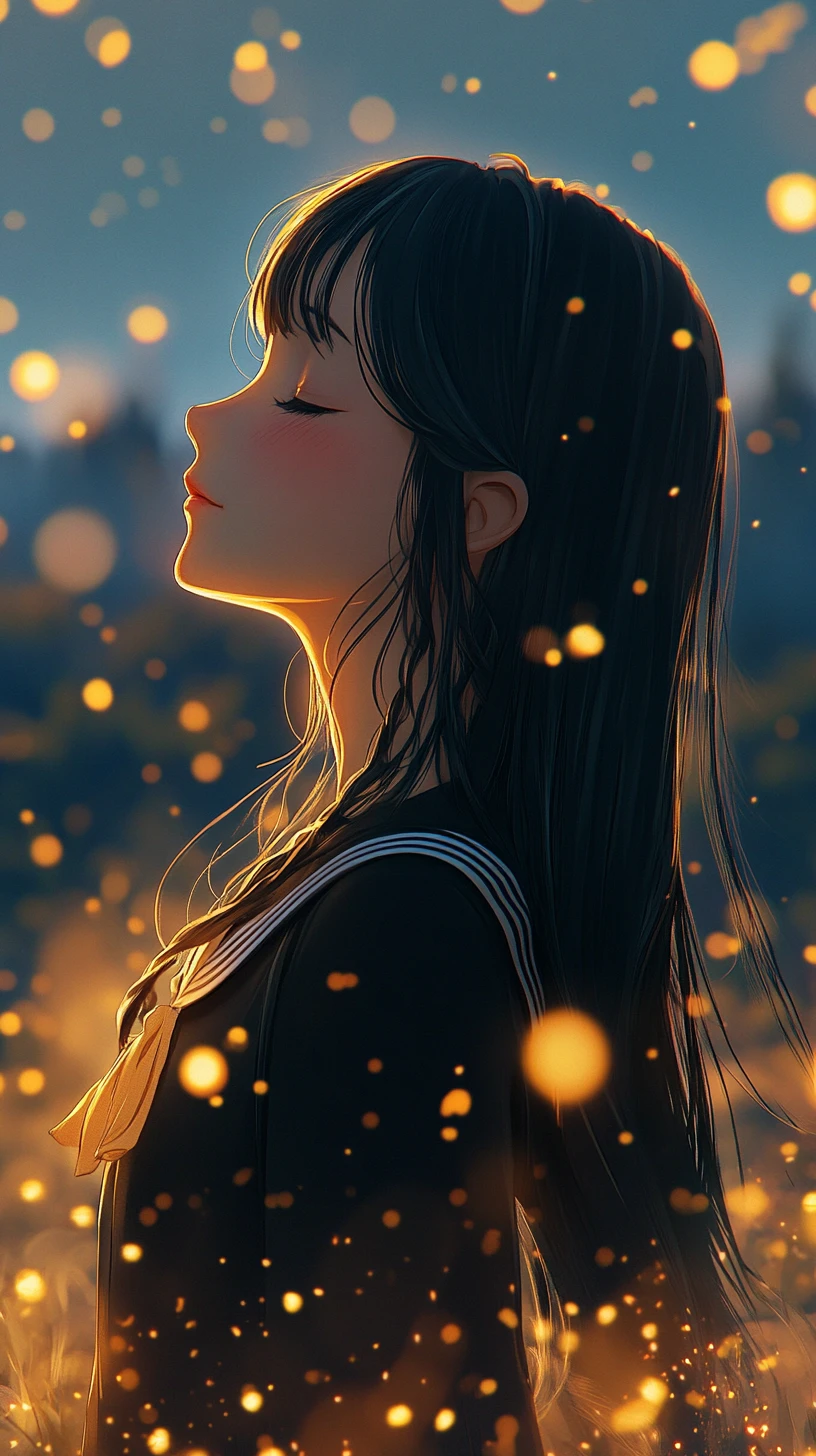 Anime girl in profile at dusk in a glowing field