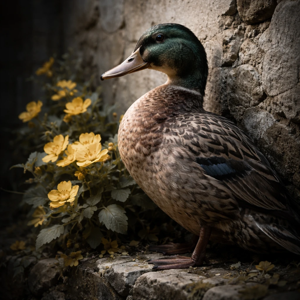 Duck standing by a stone wall with bright yellow flowers