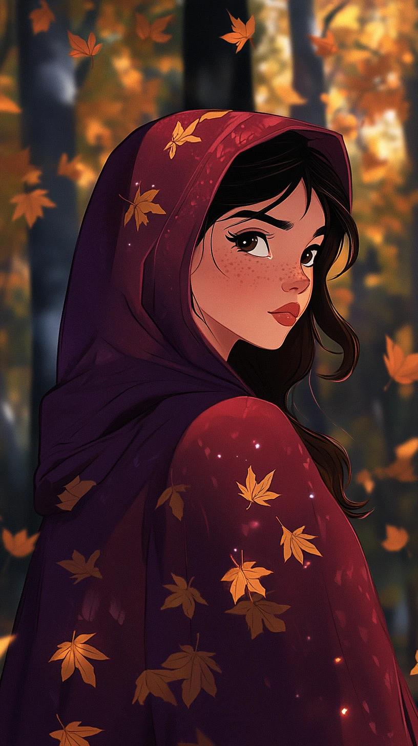 Chica de anime con capa púrpura con capucha en un bosque otoñal
