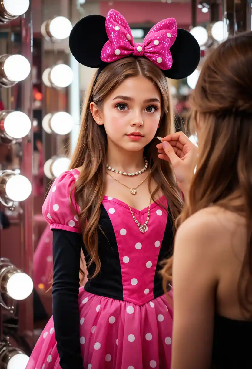 Young boy in Minnie dress getting makeup in boutique backroom