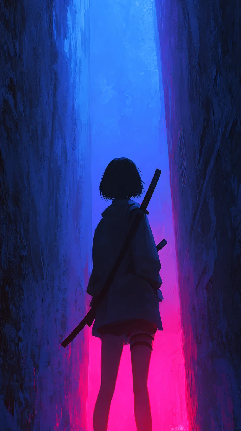 霓虹賽博龐克小巷中的持劍動漫少女